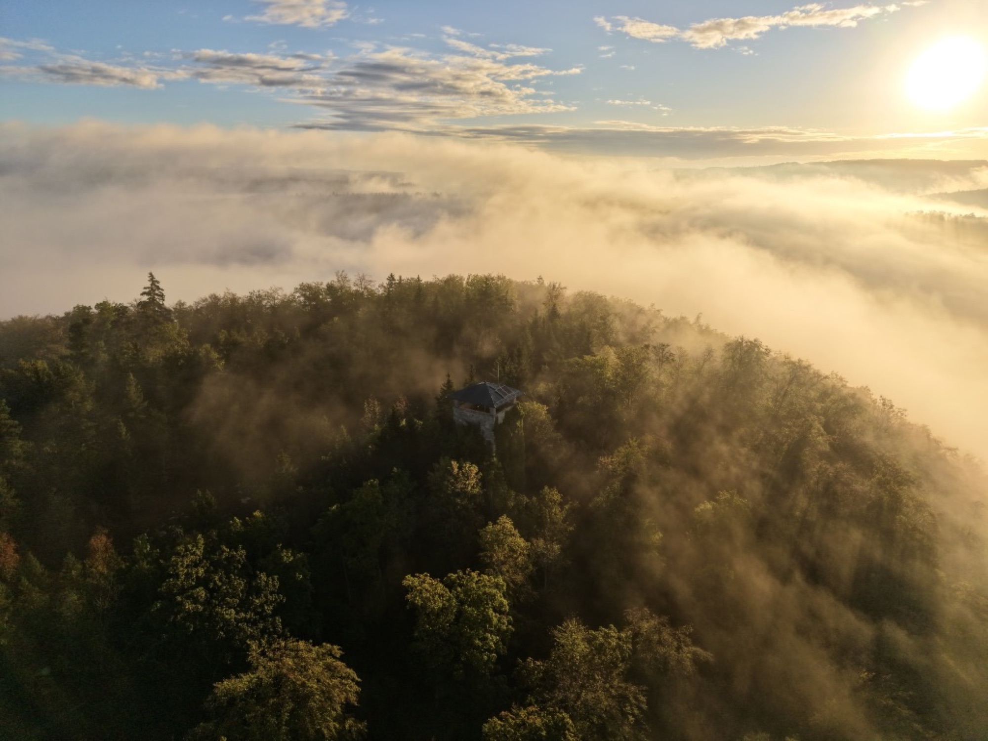 Luftaufnahme eines Aussichtsturms, der aus einem herbstlichen Wald über einem Nebelmeer bei Sonnenaufgang ragt