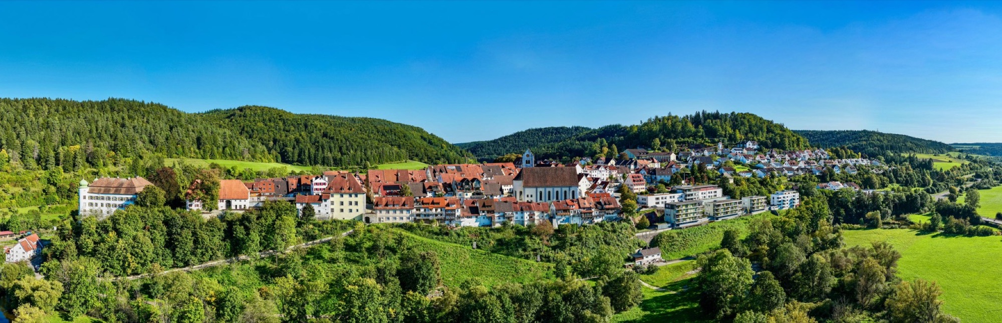 Panorama einer Kleinstadt mit Kirche und roten Dächern zwischen bewaldeten Hügeln